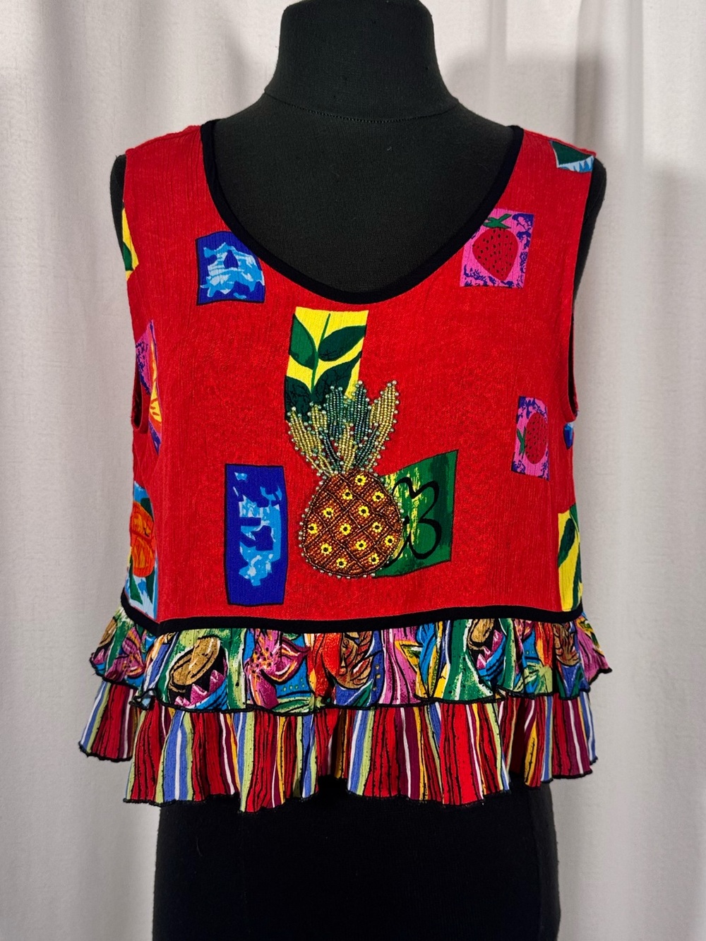 Vintage 90s Tropical Print Beaded Ruffled Blouse